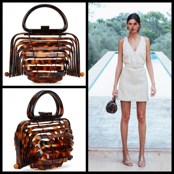 💕CULT GAIA💕 Lillith Bag ~ Tortoise Acrylic Mini Top Handle Bag Collapsible - Picture 3 of 16
